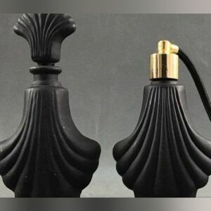 2 Empty Vintage Black Perfume Bottles 1 w/ Atomizer.  2nd Shell Shape w/ Stopper
